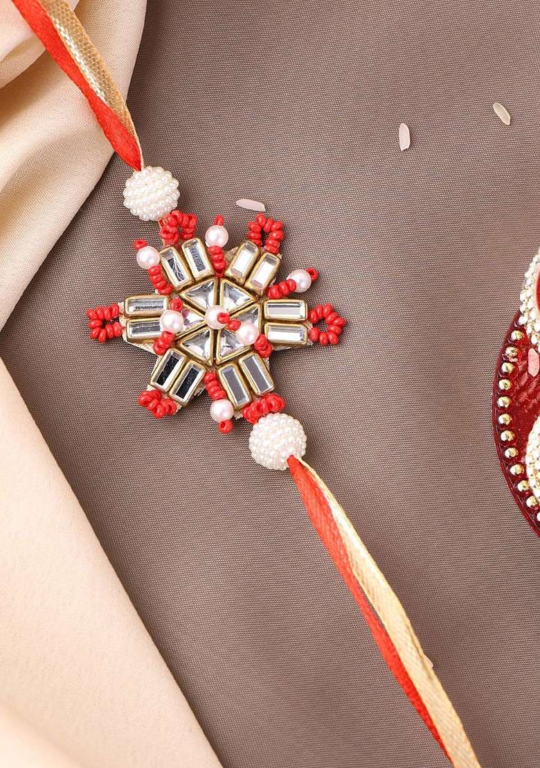 Unisex Gold Plated Beaded Floral Shaped Thread Rakhi With Roli Chawal - Indya
