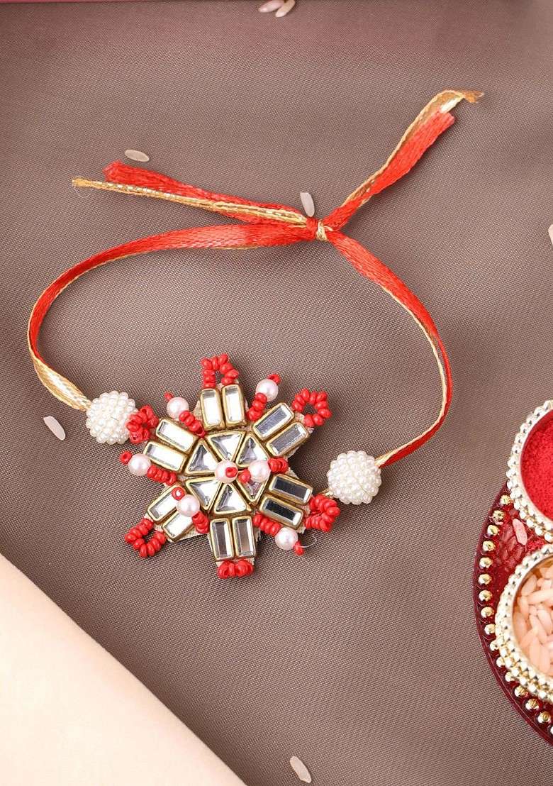 Unisex Gold Plated Beaded Floral Shaped Thread Rakhi With Roli Chawal - Indya