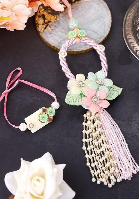 Gold Plated Floral Shaped Bhaiya Bhabhi Rakhis With Roli Chawal