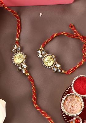 Unisex Set Of 2 Gold Plated Stone Studded Thread Rakhis And Roli Chawal