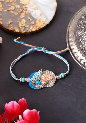 Gold Plated Beaded And Stone Studded Thread Rakhis With Roli Chawal