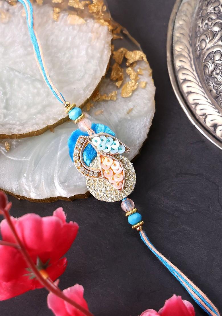 Gold Plated Beaded And Stone Studded Thread Rakhis With Roli Chawal - Indya