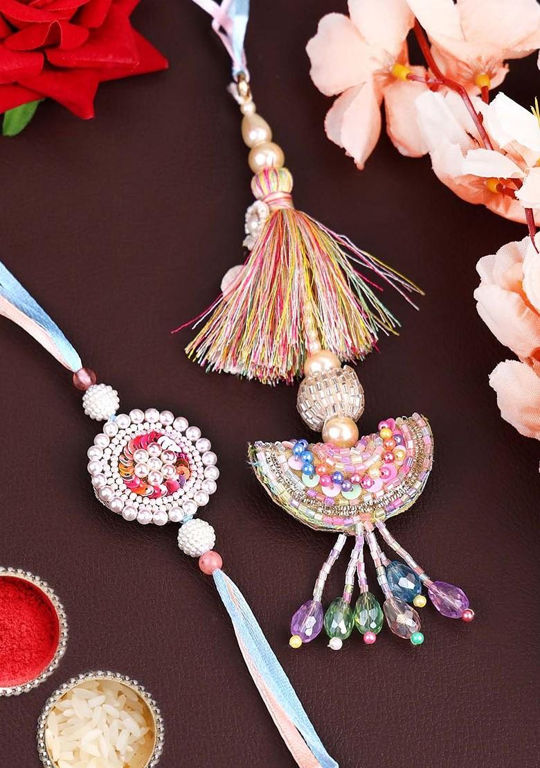 Gold Plated Set Of 2 Multi Color Bhaiya Bhabhi Rakhis And Roli Chawal - Indya