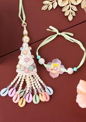 Gold Plated Beaded Floral Shaped Bhaiya Bhabhi Rakhis With Roli Chawal