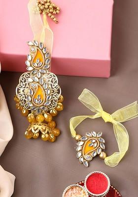 Gold Plated Beaded And Stone Studded Bracelet Bhaiya Bhabhi Rakhis With Roli Chawal