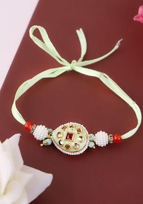 Unisex Gold Plated Beaded With Stone Studded Rakhis And Roli Chawal