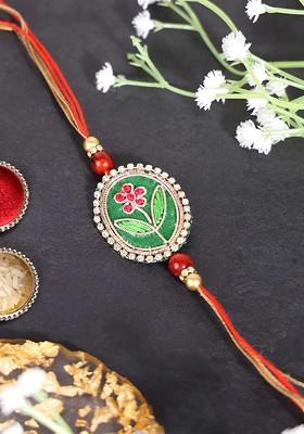 Men Gold Plated Beaded Floral Shaped Thread Rakhi With Roli Chawal