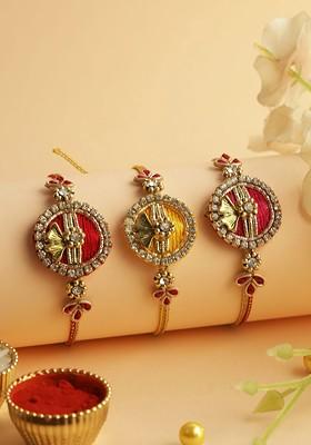 Set Of 3 Stone Studded Rakhis With Roli Chawal And Greeting Card