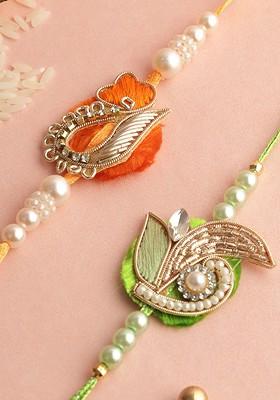Set Of 2 Beaded And Stone Studded Rakhis With Roli Chawal And Greeting Card