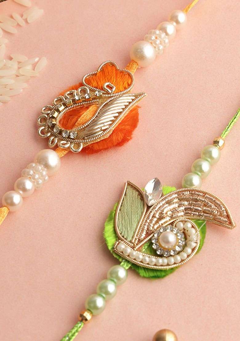 Set Of 2 Beaded And Stone Studded Rakhis With Roli Chawal And Greeting Card - Indya