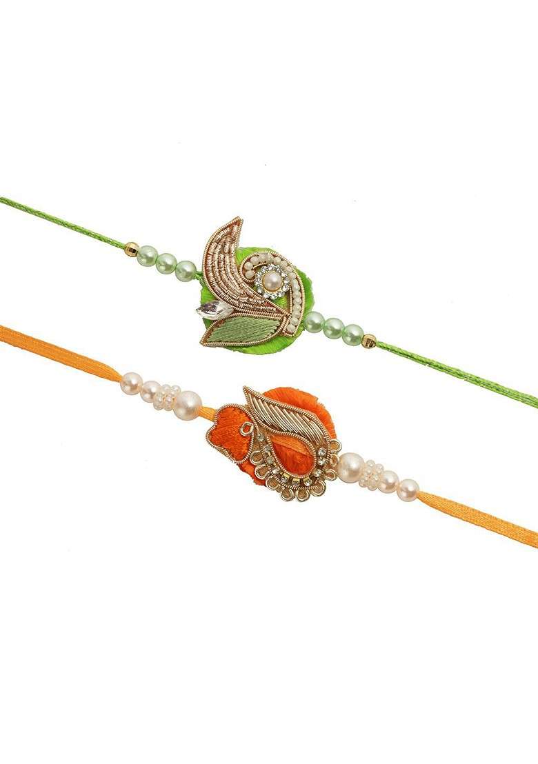 Set Of 2 Beaded And Stone Studded Rakhis With Roli Chawal And Greeting Card - Indya