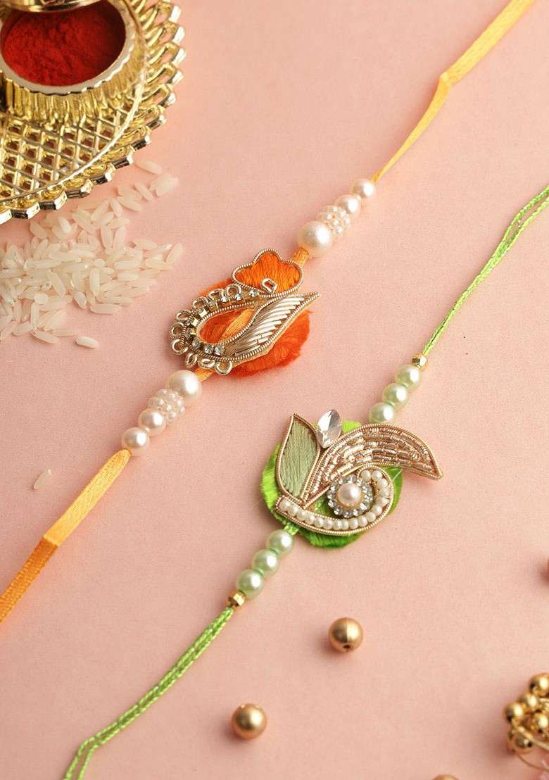 Set Of 2 Beaded And Stone Studded Rakhis With Roli Chawal And Greeting Card - Indya