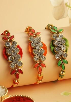 Set Of 3 Stone Studded Rakhi With Roli Chawal And Greeting Card