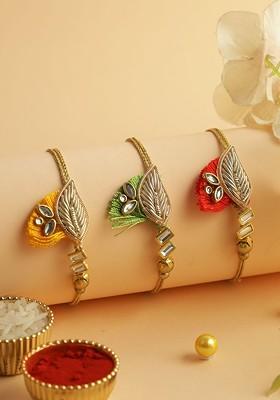 Set Of 3 Beaded Colourful Charm Rakhis With Roli Chawal And Greeting Card