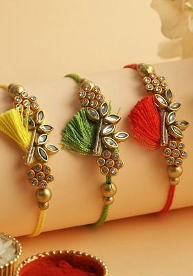 Set Of 3 Kundan Studded Rakhi With Roli Chawal And Greeting Card