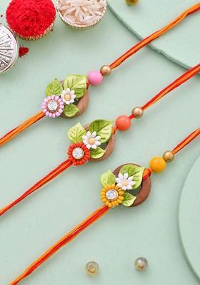 Unisex Set Of 3 Floral Design Stone Work Multistrand Rakhi
