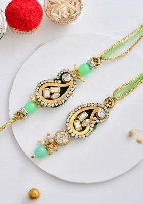 Beautiful Scarlet Kundan And Beads Crafted Bhaiya Bhabhi Thread Rakhi Set