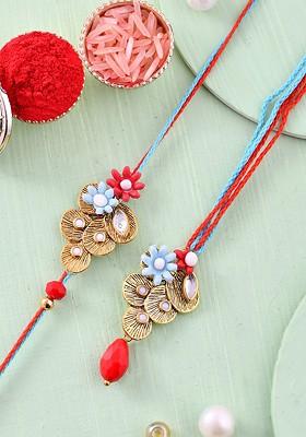 Flowers With Stone Studded Bhaiya Bhabhi Rakhi Thread Rakhi Set