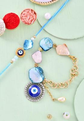 Blue Stones And Evil Eye Bracelet With Bhaiya Bhaiya Rakhi Set