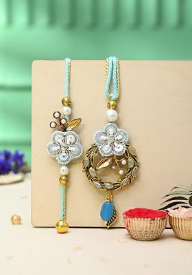 Kundan And Beads Embellished Bhaiya Bhabhi Rakhi Set