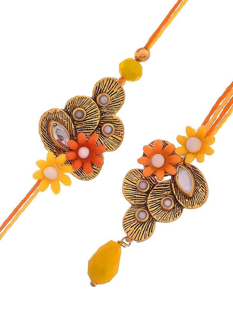 Flowers With Stone Studded Bhaiya Bhabhi Rakhi Set - Indya