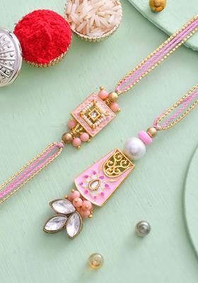 Beads And Kundan Embellished Bhaiya Bhabhi Thread Rakhi Set