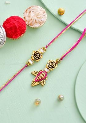 Beautiful Gold Rose And Leaf Bhaiya Bhabhi Thread Rakhi Set