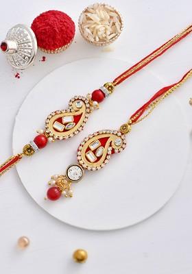 Scarlet Kundan And Beads Crafted Bhaiya Bhabhi Thread Rakhi Set