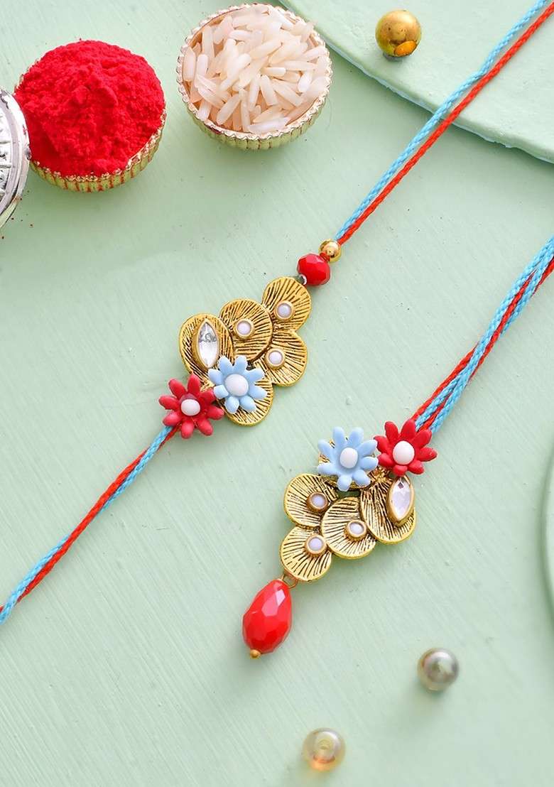 Flowers With Stone Studded Bhaiya Bhabhi Rakhi Set - Indya