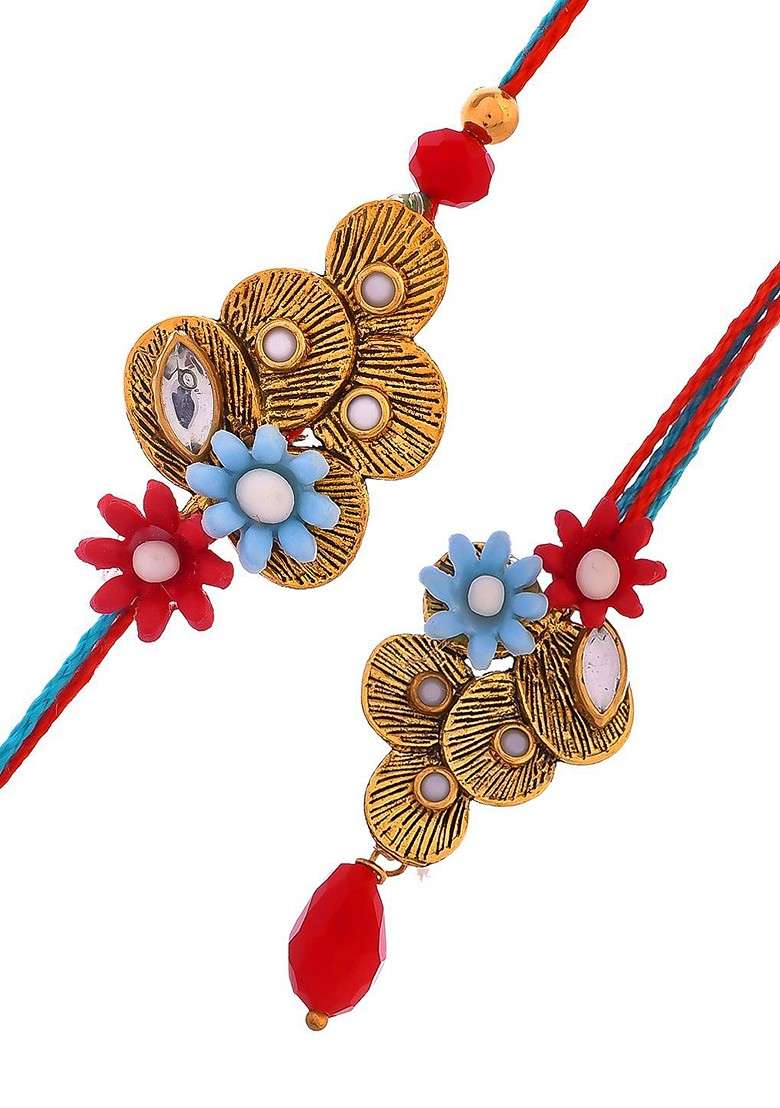 Flowers With Stone Studded Bhaiya Bhabhi Rakhi Set - Indya