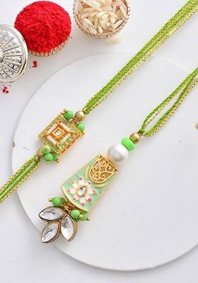 Beads And Kundan Embellished Bhaiya Bhabhi Rakhi Set