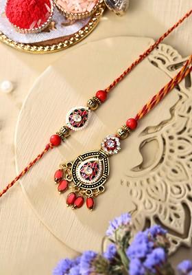 Kundan Meena Crafted Bhaiya Bhabhi Rakhi Set With Hanging Lumba Beads