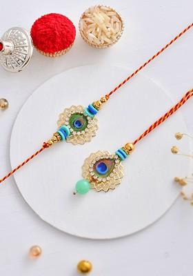 Beautiful Morpankh Metal Cut Bhaiya Bhabhi Thread Rakhi Set