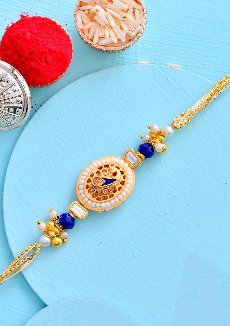 Elegant Beads Kundan Oval Designed Rakhi - Indya