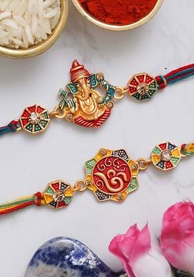 Set Of 2 Ganesha And Om Symbol Rakhi With Roli Chawal