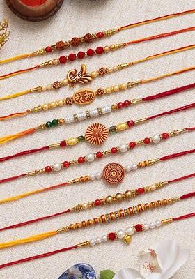 Set Of 11 Rudraksha Peacock Mere Bhaiya Flower Bead Rakhis