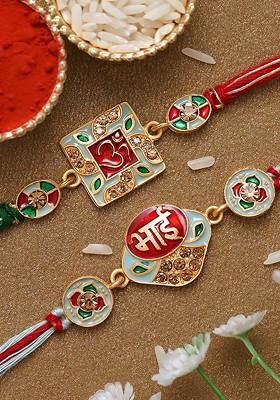 Set Of 2 Designer Embellished Rakhis With Roli Chawal