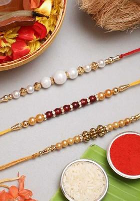 Set Of 3 Pearl Beaded Rakhis With Roli Chawal