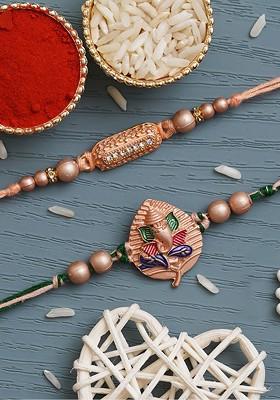 Set Of 2 Lord Ganesha And Rectangle Shaped Rakhis With Roli And Chawal