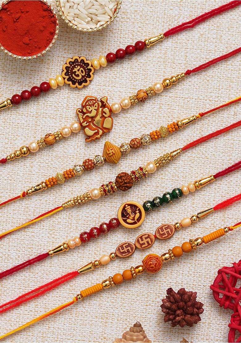 Set Of 7 Om Ganesha Swastik Rudraksha Faux Pearl Rakhis With Roli Chawal - Indya