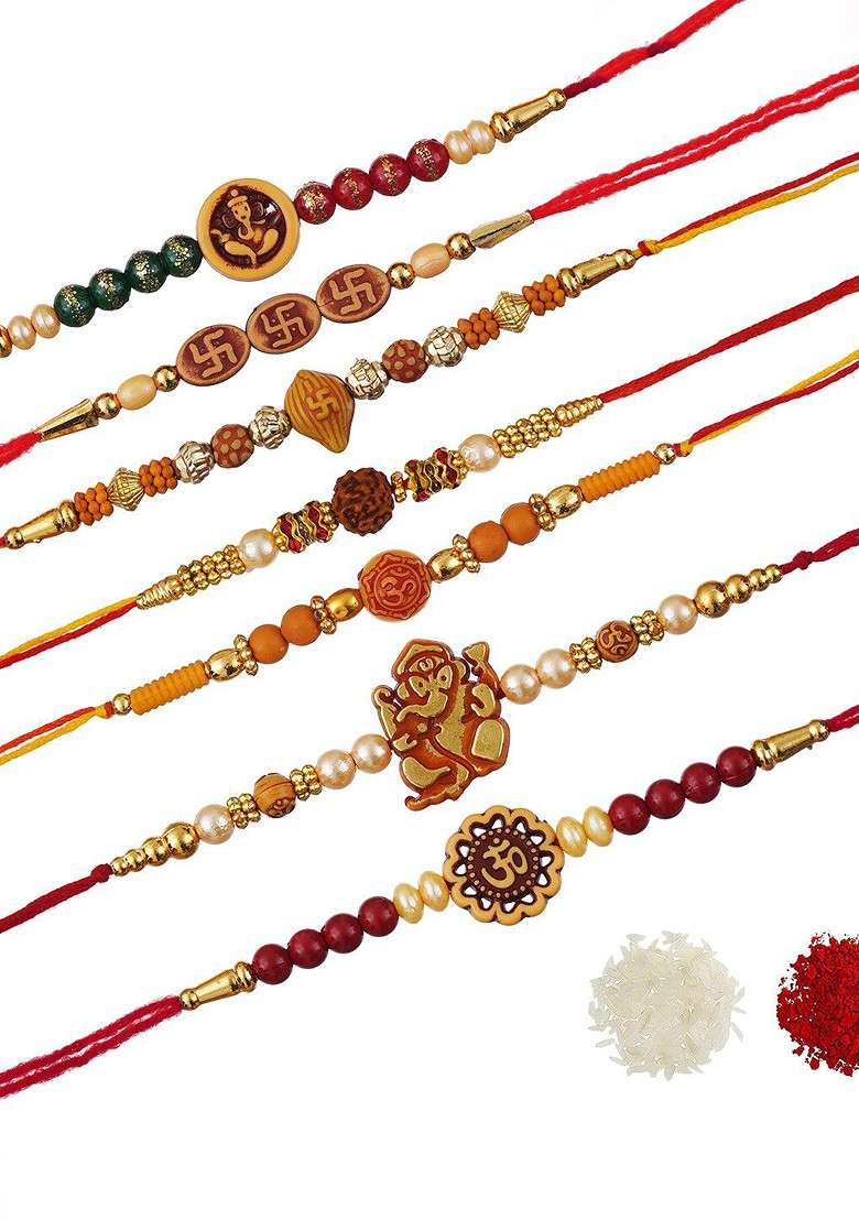 Set Of 7 Om Ganesha Swastik Rudraksha Faux Pearl Rakhis With Roli Chawal - Indya
