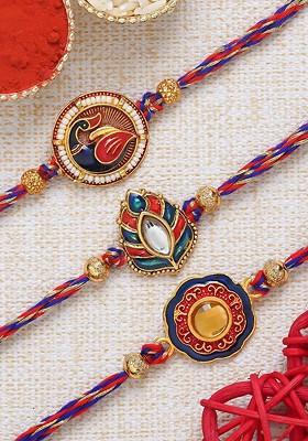 Set Of 3 Semi Precious Stone Studded Rakhis With Roli Chawal