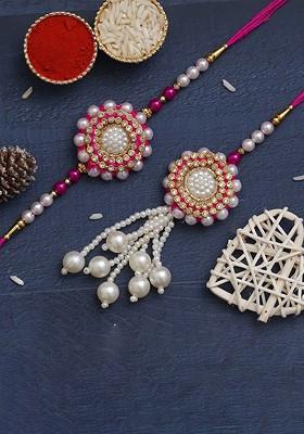Set Of 2 Floral Embellished Rakhis With Roli Chawal