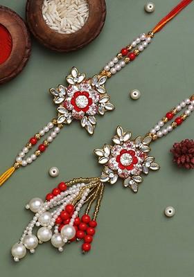 Set Of 2 Artificial Stones Studded And Beaded Floral Rakhis With Roli And Chawal