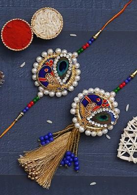 Set Of 2 Peacock And Pearls Bhaiya Bhabhi Thread Rakhi With Roli Chawal