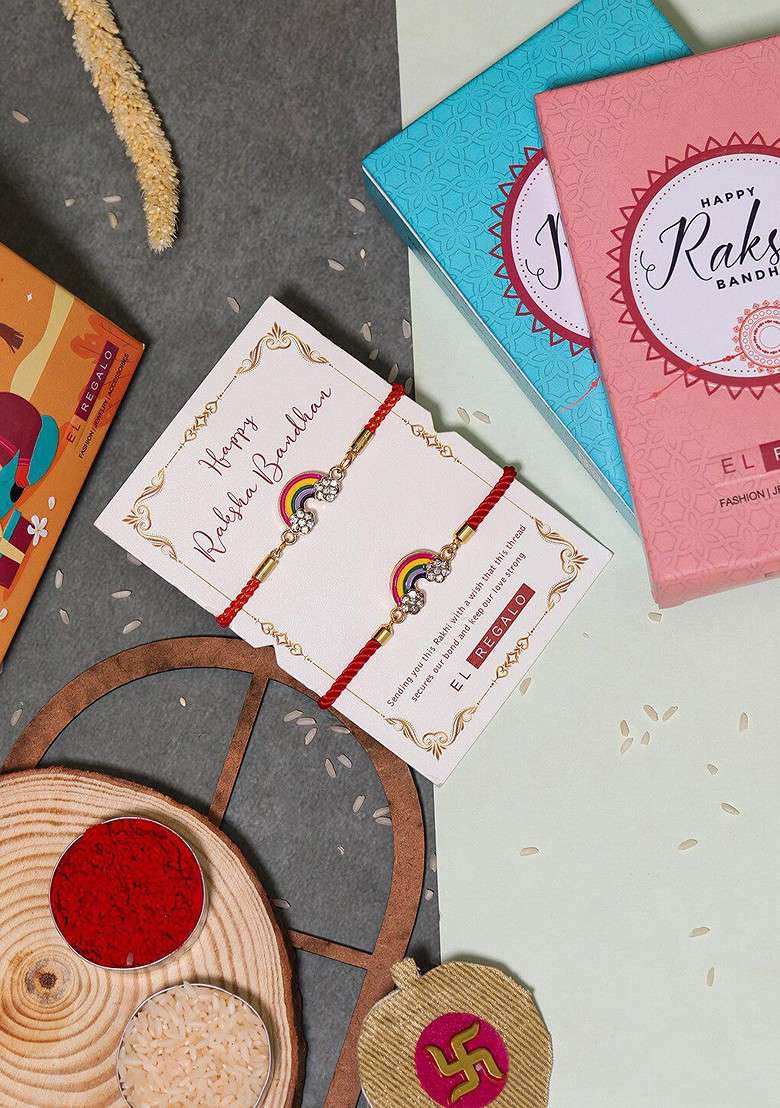 Bhaiya Bhabhi Set Of 2 Charm Rakhi Combo With Roli Chawal - Indya