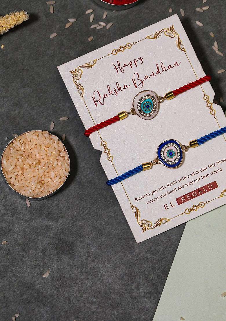 Bhaiya Bhabhi Set Of 2 Evil Eye Rakhi Combo With Roli Chawal - Indya