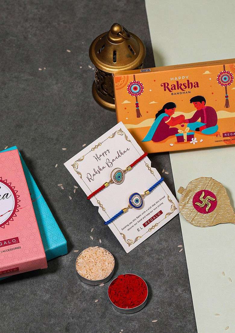 Bhaiya Bhabhi Set Of 2 Evil Eye Rakhi Combo With Roli Chawal - Indya