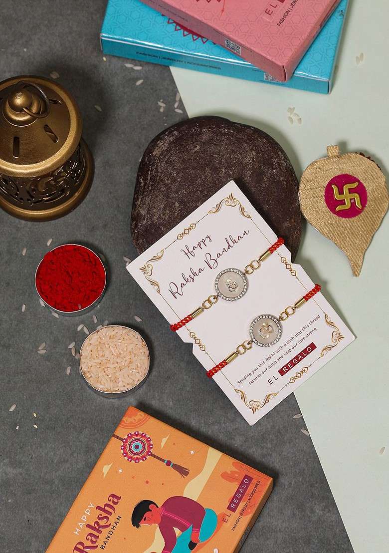 Bhaiya Bhabhi Set Of 2 Charm Rakhi Combo With And Card Roli Chawal - Indya