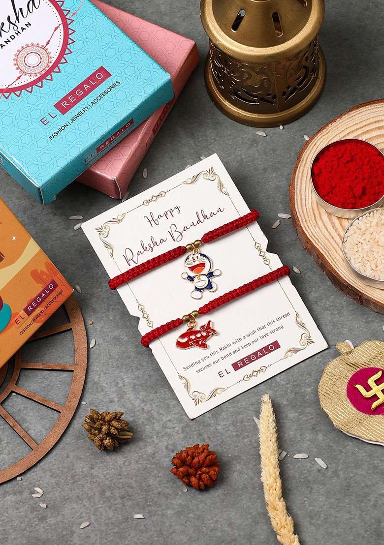 Kids Set Of 2 Charm Detail Rakhis With Roli And Chawal - Indya